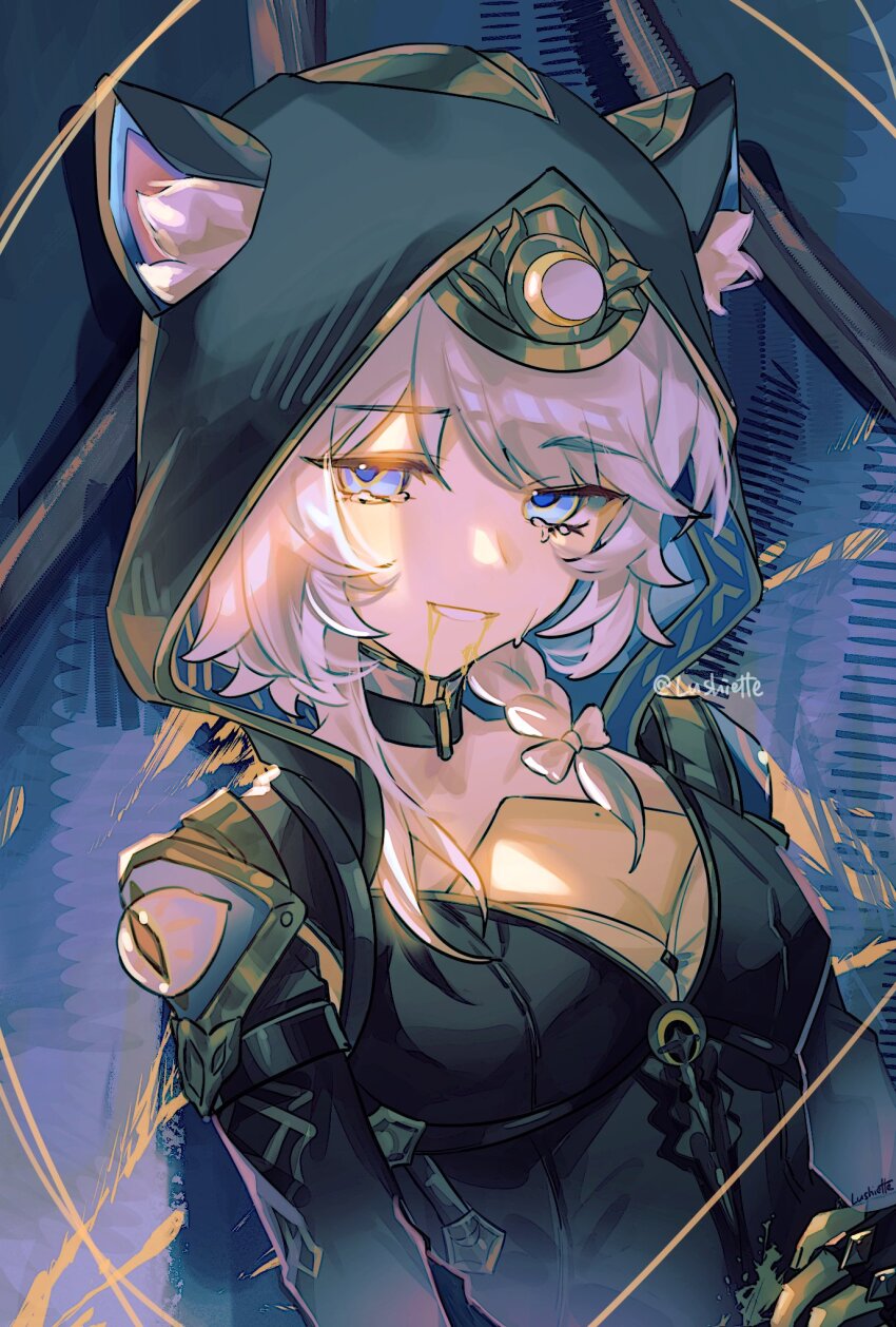 1girl, animal_ear_fluff, animal_ears, black_choker, blood, blood_from_mouth, blue_eyes, bow