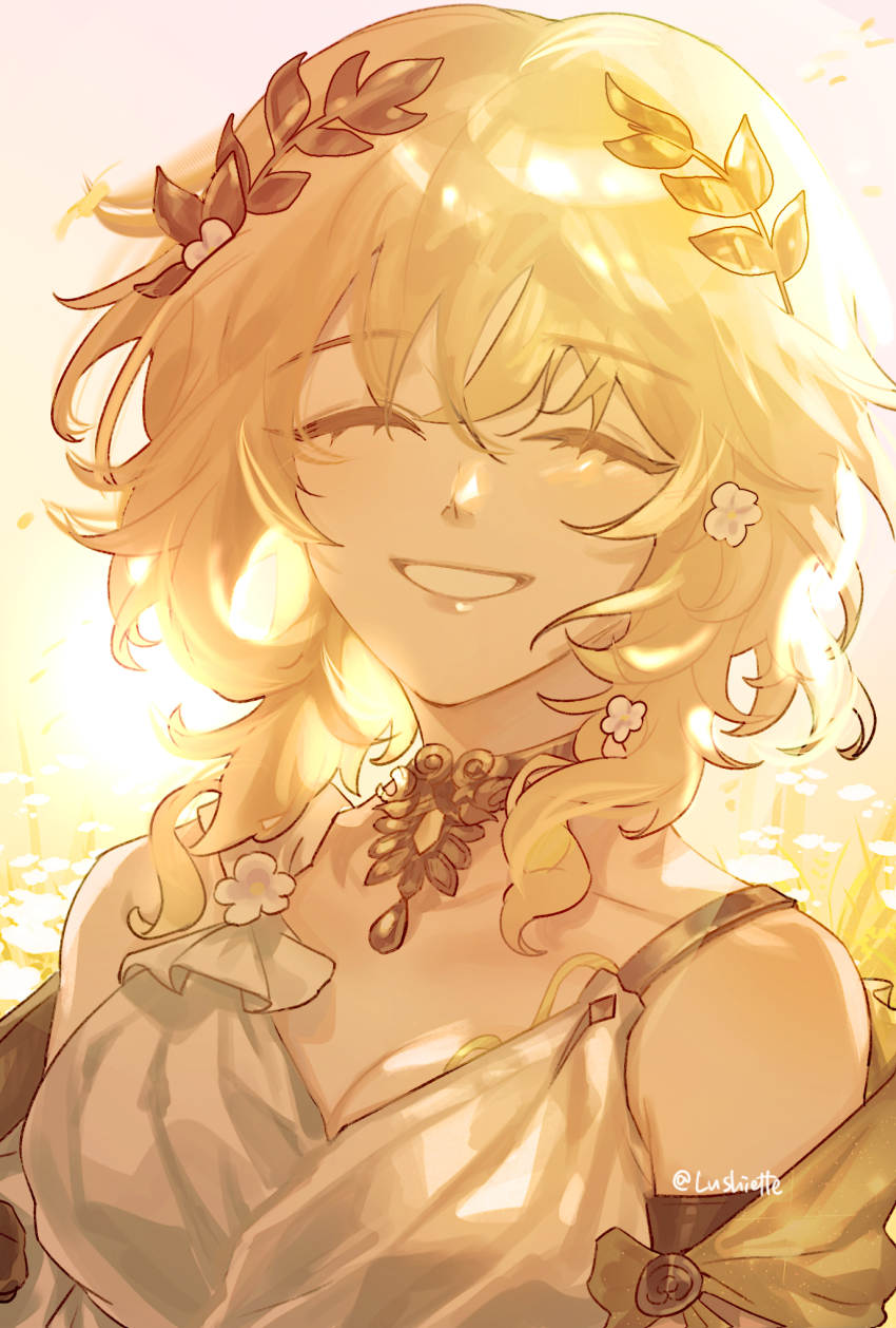 1girl, ^_^, aglaea_(honkai:_star_rail), bare_shoulders, blonde_hair, breasts, choker, cleavage