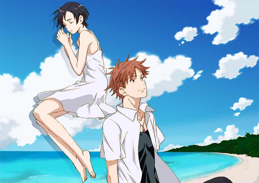 00s, 1boy, 1girl, bad_id, bad_pixiv_id, barefoot, beach, black_hair