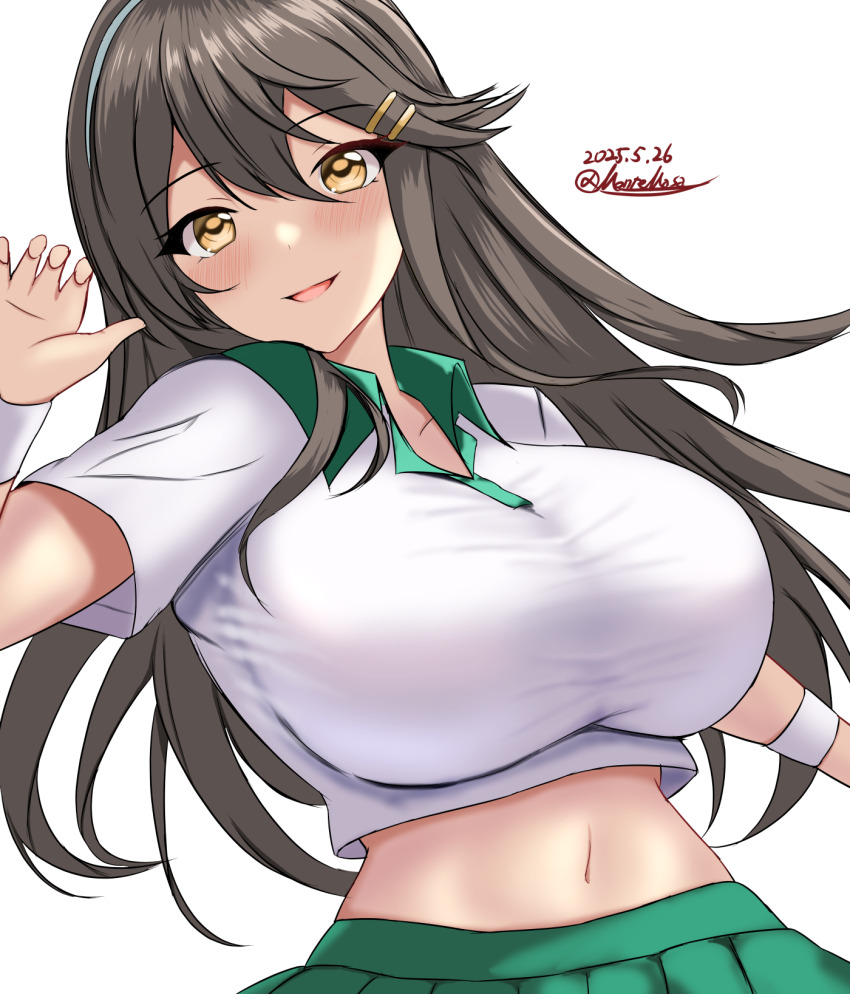 1girl, :d, black_hair, blush, breasts, brown_eyes, collared_shirt, commentary_request
