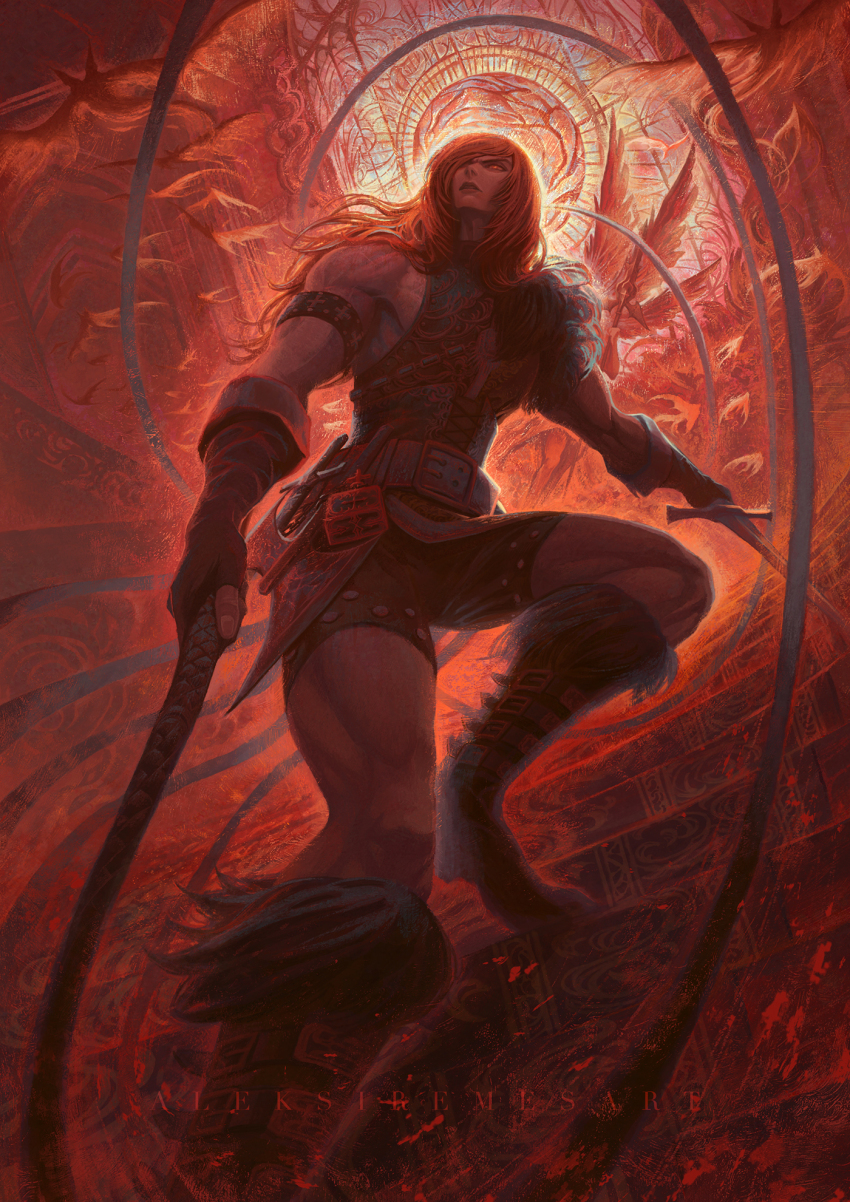 1boy, aleksi_remes, artist_name, boots, castlevania_(series), commentary, fingerless_gloves, fur-trimmed_boots