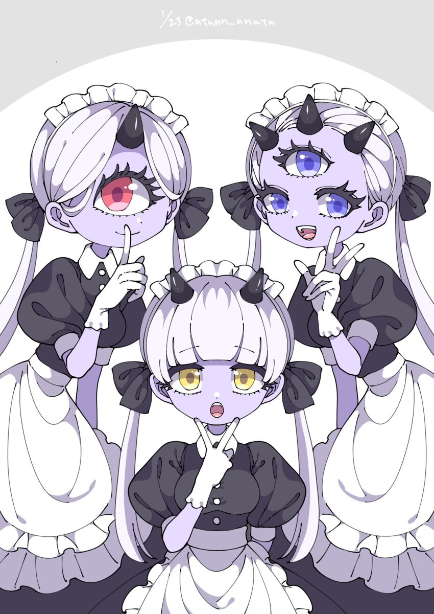 3girls, apron, arched_bangs, artist_name, atann_nnata, bangs_pinned_back, black_bow, black_dress, black_horns, blue_eyes, blue_skin, bow, breasts, buttons, child, closed_mouth, colored_skin, commentary, cone_horns, cyclops, dated, dress, fangs, finger_to_mouth, fingers_to_cheeks, frilled_apron, frills, gloves, hand_up, highres, horns, index_finger_raised, long_dress, long_hair, low_twintails, maid, maid_headdress, multiple_girls, one-eyed, oni, open_mouth, original, parted_bangs, puffy_short_sleeves, puffy_sleeves, red_eyes, shirt, short_sleeves, simple_background, single_horn, small_breasts, smile, standing, third_eye, twintails, twitter_username, v, w, waist_apron, white_apron, white_gloves, white_shirt, yellow_eyes