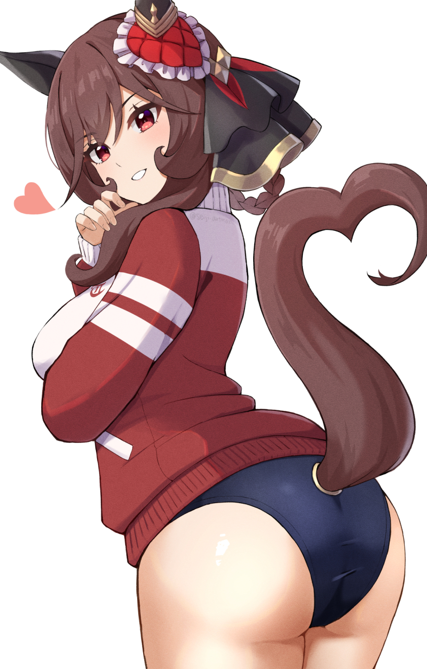 1girl, animal_ears, ass, blue_buruma, breasts, buruma, commentary_request, ear_covers