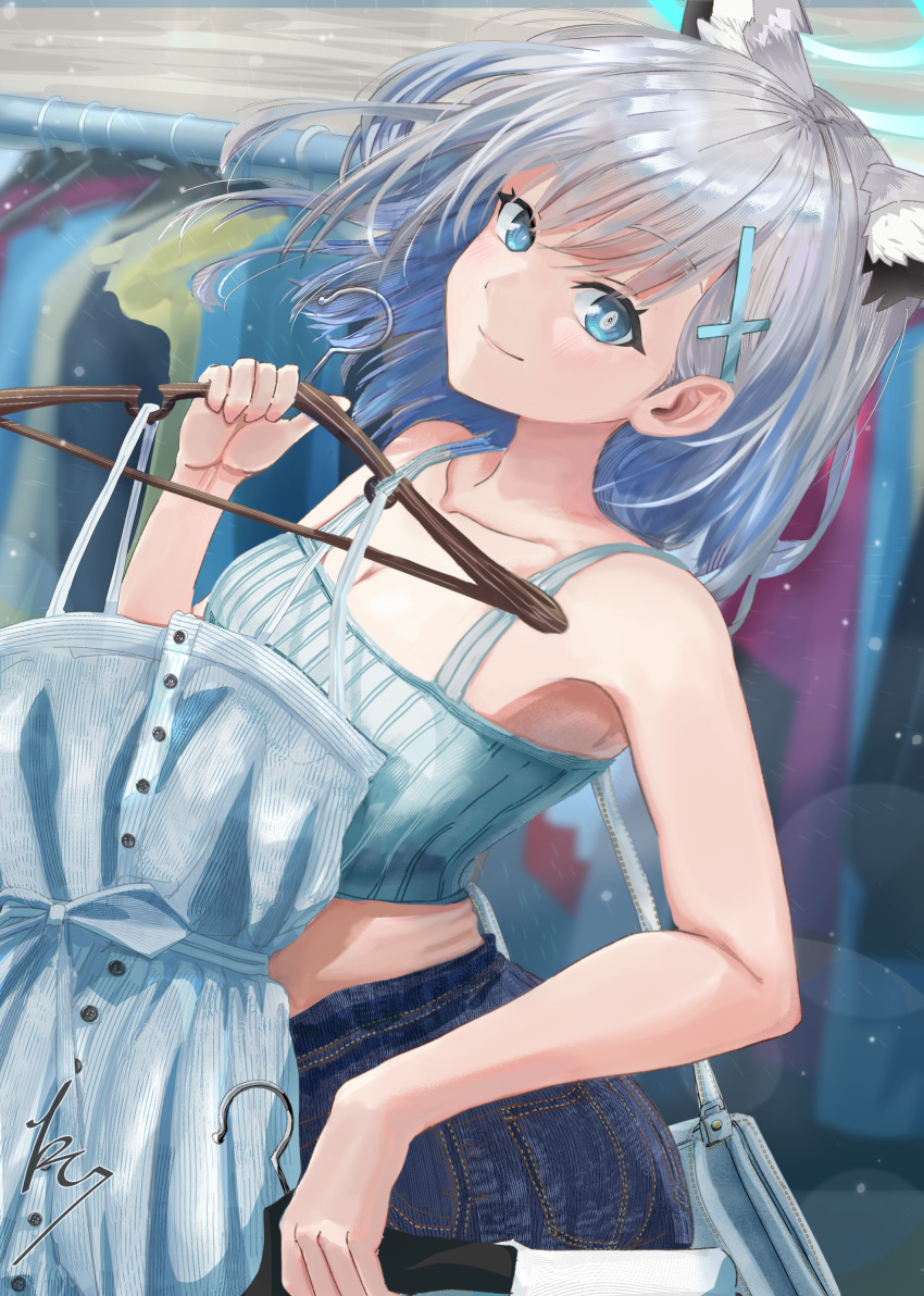 1girl, absurdres, animal_ear_fluff, animal_ears, armpits, bare_arms, bare_shoulders, blue_archive