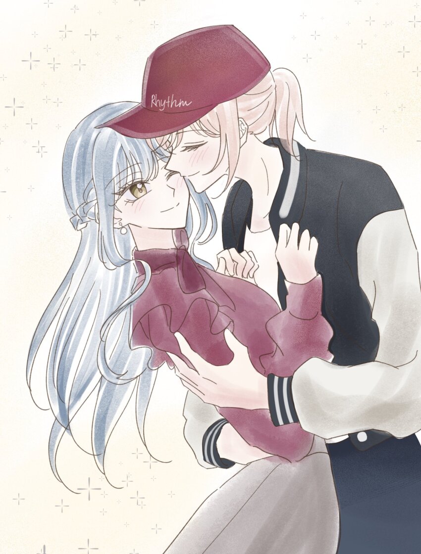 200bpmsoiya, 2girls, bang_dream!, bang_dream!_it's_mygo!!!!!, baseball_cap, black_jacket, blonde_hair, blue_hair