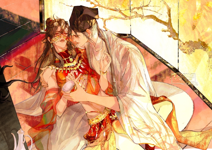 1815983628, 2boys, absurdres, alternate_costume, arabian_clothes, bell, belt, black_hair, black_hat, blush, bracelet, brown_hair, carrying, chinese_clothes, chinese_commentary, closed_mouth, coat, coin, coin_mask, creature, crop_top, crossdressing, crossdressing_(mtf), cup, cushion, dancer, dao_gui_yi_xian, folding_screen, gold_belt, groin, hair_bun, hair_ribbon, half_updo, hand_up, hanfu, harem_outfit, hat, hat_ribbon, highres, holding, holed_coin, indoors, jewelry, jin_(headwear), li_huowang, li_sui_(tentacles), long_hair, long_sleeves, looking_at_another, lying_on_lap, lying_on_person, male_focus, mask, midriff, mouth_veil, multiple_boys, neck_bell, necklace, open_mouth, pillar, red_eyes, red_ribbon, red_shawl, red_shirt, red_skirt, ribbon, robe, shawl, shirt, single_hair_bun, sitting, skirt, smile, tassel, teapot, tentacles, tile_floor, tiles, turtleneck, updo, veil, watercolor_effect, watermark, white_coat, white_hanfu, wide_sleeves, yaoi, zhouzi_jin_(headwear), zhuge_yuan