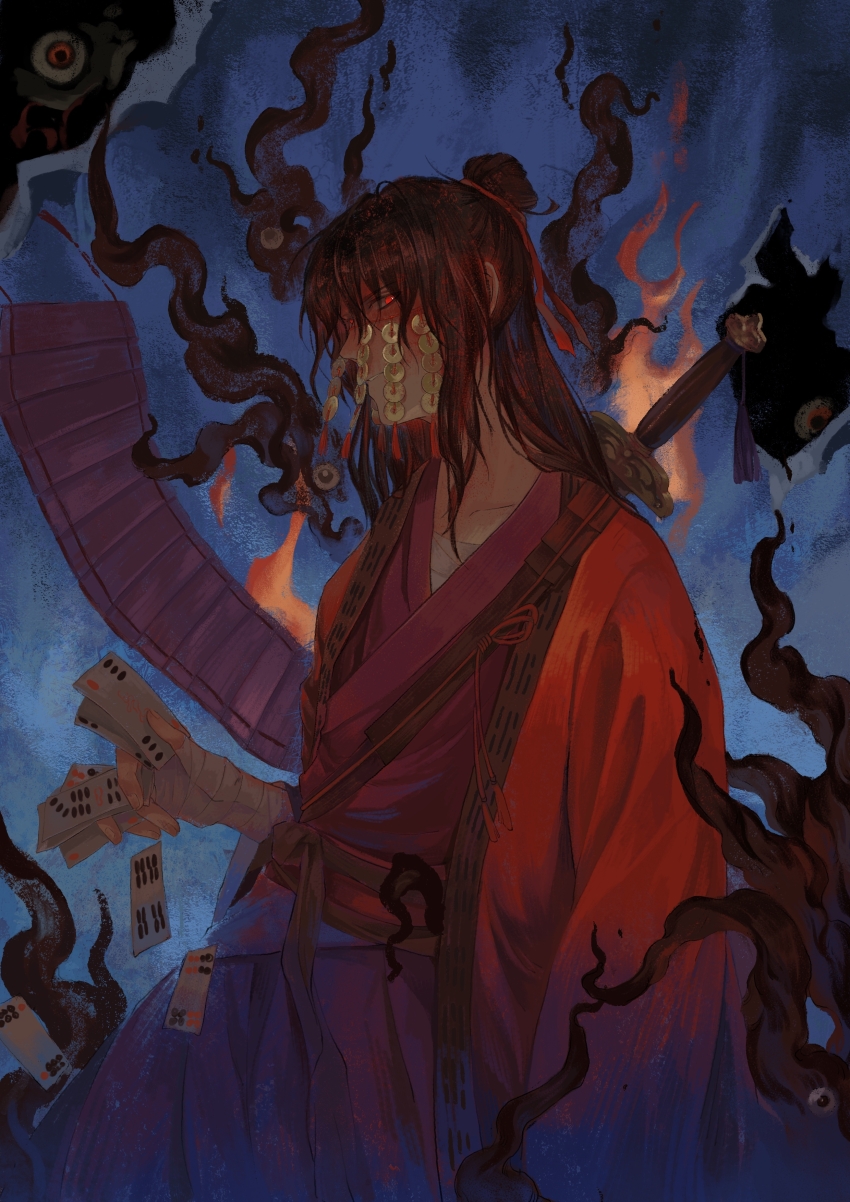 1815983628, 1boy, absurdres, arm_at_side, bamboo_slips, bandaged_arm, bandaged_chest, bandaged_hand