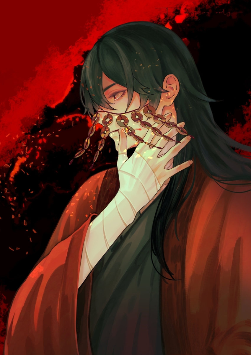 1815983628, 1boy, bandaged_arm, bandaged_hand, bandages, black_background, black_hair, black_hanfu