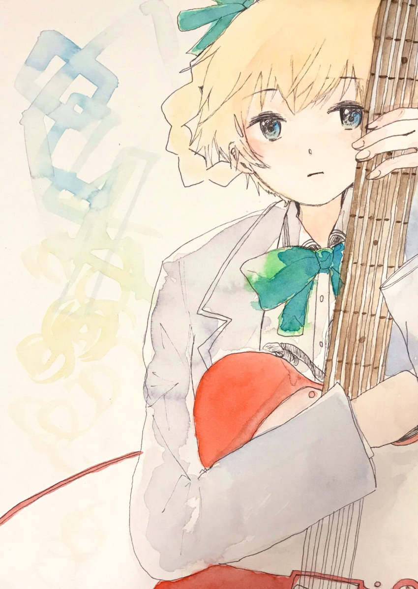 1girl, aqua_bow, aqua_bowtie, aqua_ribbon, blonde_hair, blue_eyes, bow, bowtie