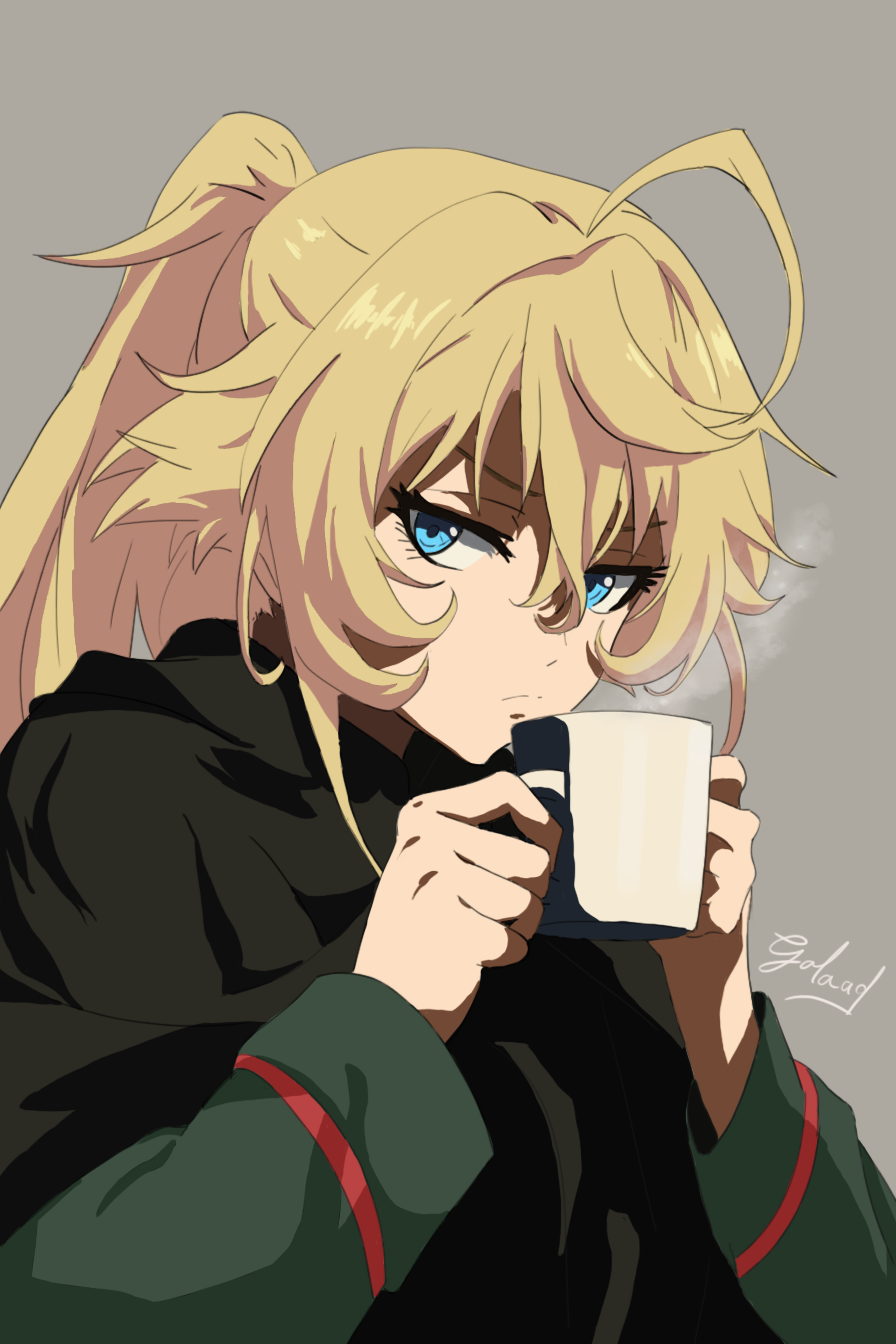 ahoge, black_cloak, blonde_hair, blue_eyes, cloak, closed_mouth, coffee, coffee_mug, commentary, cup, english_commentary, expressionless, green_jacket, grey_background, hair_between_eyes, highres, holding, holding_cup, jacket, long_sleeves, looking_at_viewer, looking_to_the_side, military_uniform, mug, ponytail, sergalaad, signature, steam, tanya_degurechaff, youjo_senki
