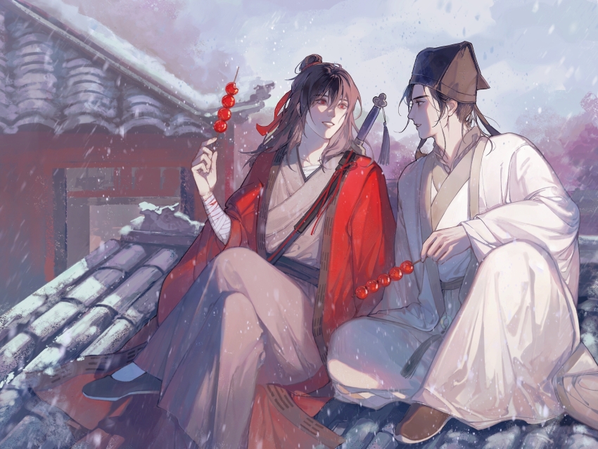 1815983628, 2boys, architecture, bandaged_arm, bandages, black_eyes, black_hair, black_hat, black_shoes, blood, bloody_bandages, brown_hair, building, chinese_clothes, chinese_commentary, cloud, coat, crossed_legs, dao_gui_yi_xian, day, east_asian_architecture, eye_contact, food, grey_hanfu, hair_between_eyes, hair_bun, hair_ribbon, half_updo, hand_up, hanfu, hat, hat_ribbon, highres, holding, holding_food, jade_(gemstone), jian_(weapon), jin_(headwear), li_huowang, long_hair, long_sleeves, looking_at_another, male_focus, multiple_boys, on_roof, open_clothes, open_coat, outdoors, parted_lips, profile, red_coat, red_eyes, red_ribbon, ribbon, robe, rooftop, sash, sheath, sheathed, shoes, shoulder_belt, single_hair_bun, sitting, sitting_on_roof, sky, smile, snow, snowing, sword, sword_on_back, sword_tassel, tanghulu, tassel, updo, weapon, weapon_on_back, weapon_tassel, white_coat, white_hanfu, wide_sleeves, winter, yaoi, yaopei, zhouzi_jin_(headwear), zhuge_yuan