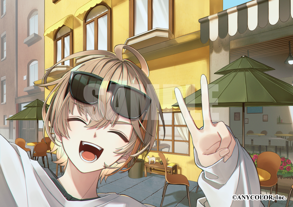 1boy, ahoge, awning, blonde_hair, building, chair, closed_eyes, commentary_request