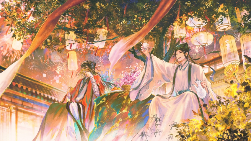 1815983628, 2boys, absurdres, architecture, arm_up, bamboo_print, bandaged_arm, bandages, basket, black_eyes, black_hair, black_hat, chinese_clothes, chinese_commentary, chrysanthemum, closed_mouth, coat, coin, coin_mask, covered_mouth, cup, dao_gui_yi_xian, east_asian_architecture, fireworks, flower, food, fruit, grey_hanfu, hair_bun, hair_ribbon, half_updo, hand_on_own_cheek, hand_on_own_face, hand_up, hanfu, hat, hat_ribbon, head_rest, highres, holding, holding_cup, holding_food, holding_teapot, holed_coin, implied_yaoi, jin_(headwear), lantern, leaf, li_huowang, long_hair, long_sleeves, looking_up, male_focus, mask, mid-autumn_festival, mooncake, mouth_veil, multiple_boys, night, open_clothes, open_coat, open_mouth, outdoors, paper_lantern, plate, red_coat, red_ribbon, red_shawl, ribbon, robe, shawl, single_hair_bun, sitting, sky, smile, tassel, teapot, tree, updo, veil, watercolor_effect, white_coat, white_hanfu, wide_sleeves, wind, yellow_flower, zhouzi_jin_(headwear), zhuge_yuan