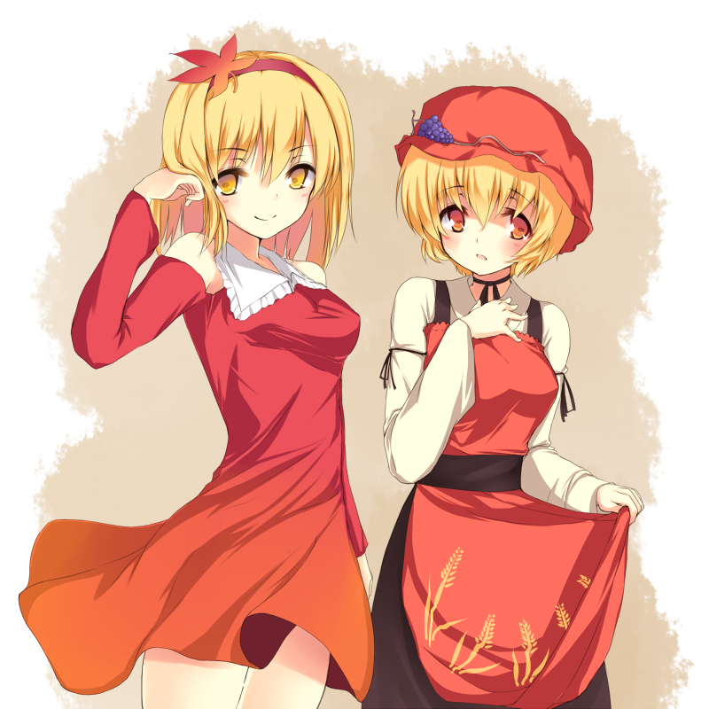 2girls, aki_minoriko, aki_shizuha, akisa, bad_id, bad_pixiv_id, bare_shoulders, blonde_hair