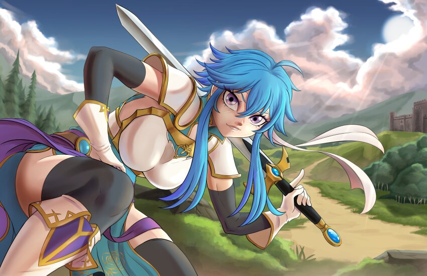 1girl, absurdres, ahoge, anander0, armor, belt, blue_hair, blue_sky