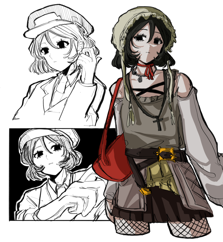 1girl, absurdres, black_eyes, black_hair, brown_skirt, character_request, commentary_request, cowboy_shot