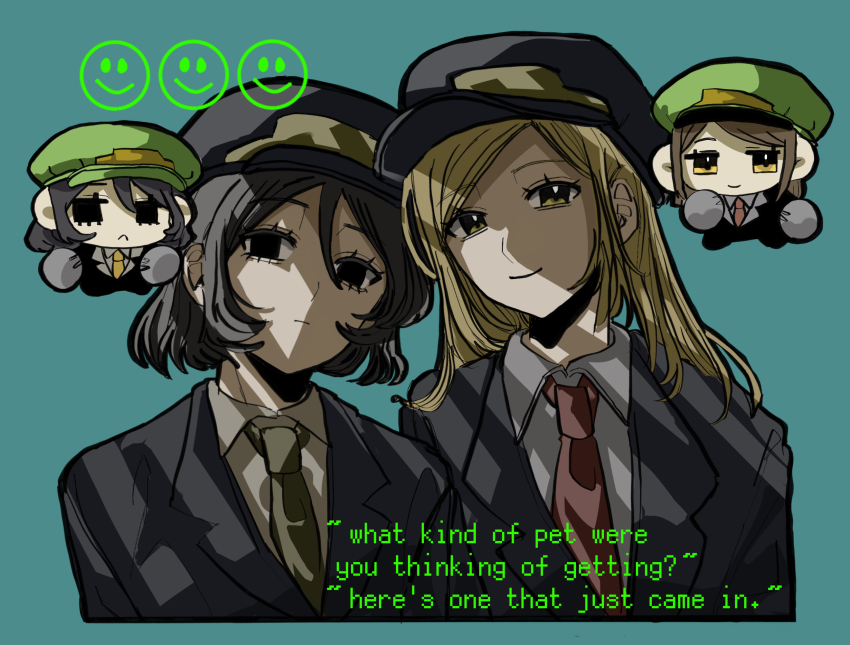 2girls, black_eyes, black_hair, black_suit, blonde_hair, blue_background, character_request, commentary_request