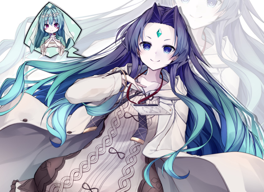 1girl, 2girls, aesop_(grimms_notes), aqua_capelet, aqua_hair, blue_eyes, blue_hair, breasts