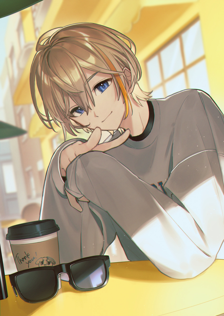 1boy, absurdres, awning, blonde_hair, blue_eyes, blurry, blurry_background, building