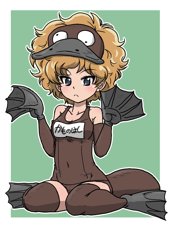 1girl, animal_hat, blue_eyes, blush, breasts, brown_gloves, brown_one-piece_swimsuit, brown_thighhighs