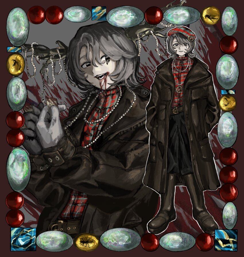 1boy, amber_(gemstone), antlers, blood, blood_from_mouth, boots, brown_coat, coat