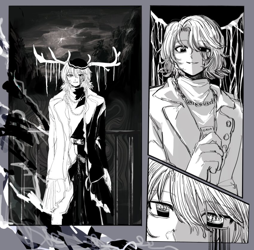 1boy, antlers, coat, commentary_request, grey_background, greyscale_with_colored_background, highres, hitchhiker_a_(randal's_friends)