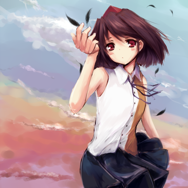 1girl, akisa, bad_id, bad_pixiv_id, blush, brown_hair, cloud, expressionless