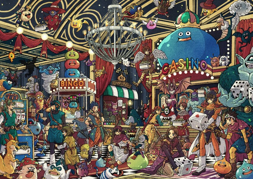 1girl, 6+boys, 6+others, ancestor_and_descendant, angel, angel_slime, angel_wings, aqua_tunic