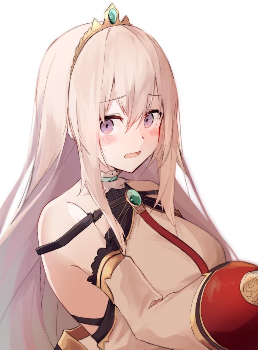 1girl, bare_shoulders, blonde_hair, blue_eyes, blush, breasts, detached_sleeves, dress, gem, gold_tiara, green_gem, grimms_notes, highres, iumi_urura, large_breasts, long_sleeves, looking_at_viewer, open_mouth, puffy_long_sleeves, puffy_sleeves, reina_viehmann_(grimms_notes), simple_background, solo, sweatdrop, white_background, white_dress