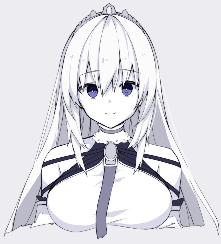 1girl, bare_shoulders, blue_eyes, breasts, bright_pupils, closed_mouth, grimms_notes, highres