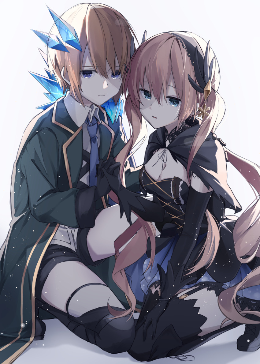 1boy, 1girl, absurdres, black_boots, black_capelet, black_gloves, black_hairband, black_shorts, black_thighhighs, blue_eyes, blue_necktie, boots, breasts, capelet, chaos_gerda_(grimms_notes), chaos_gerda_(original)_(grimms_notes), cleavage, closed_mouth, coat, collared_shirt, elbow_gloves, gloves, green_coat, grimms_notes, hair_between_eyes, hairband, highres, holding_hands, ice_crystal, iumi_urura, kneeling, long_hair, medium_breasts, necktie, orange_hair, parted_lips, shadow, shadow_kai_(grimms_notes), shirt, short_hair, shorts, sitting, thighhighs, twintails, very_long_hair, white_background, white_shirt