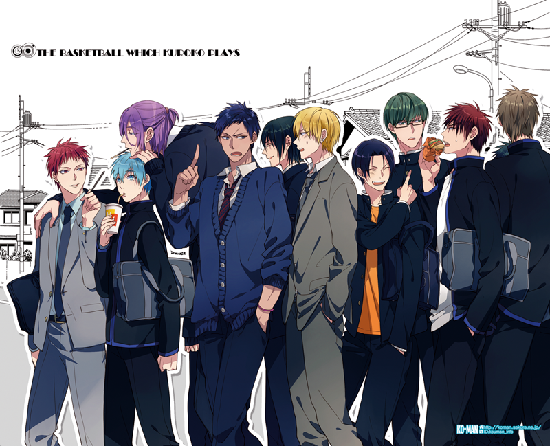 6+boys, akashi_seijuurou, aomine_daiki, arm_around_shoulder, arm_up, bag, belt, black-framed_eyewear
