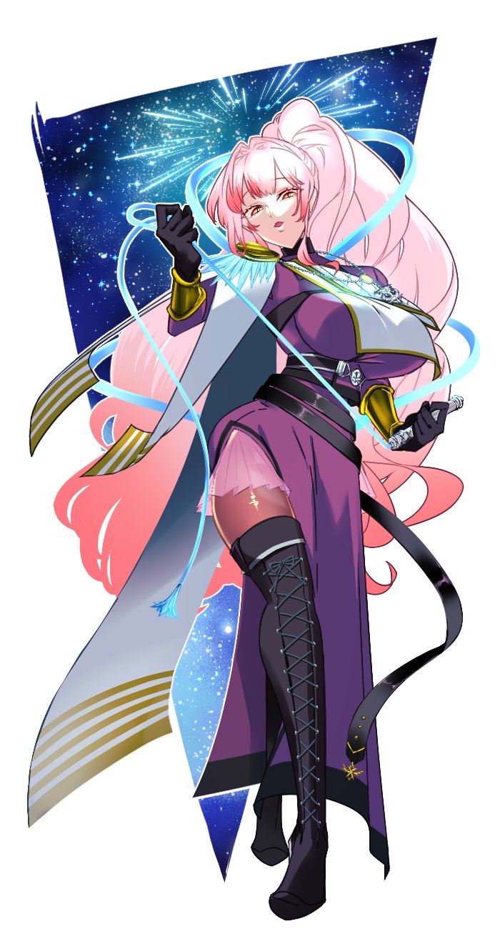 1girl, black_boots, boots, breasts, dress, duel_monster, exosister_martha, full_body, high_ponytail, highres, holding, holding_whip, huge_breasts, lace-up_boots, long_hair, pink_hair, ponytail, purple_dress, seisei_neko, solo, thigh_boots, very_long_hair, yu-gi-oh!