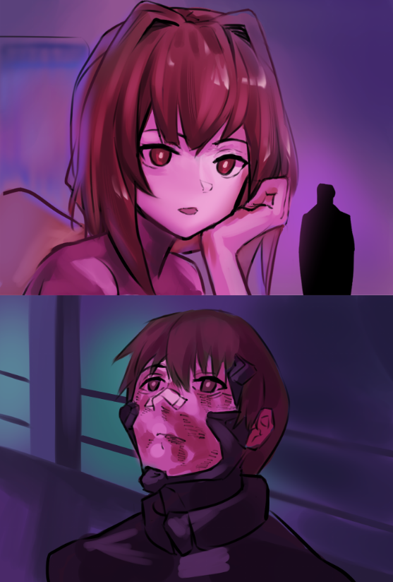 1boy, 1girl, bandage_on_nose, bandaid, blade_runner_(series), blade_runner_2049, bottle, brown_eyes, brown_hair, fortified_suit, injury, kagami_sumika, mecha_pilot_suit, meme, movie_reference, muv-luv, muv-luv_alternative, neon_palette, open_mouth, parody, red_eyes, red_hair, ribbon, shirogane_takeru, takasata_takina, yellow_ribbon, you_look_lonely_(meme)