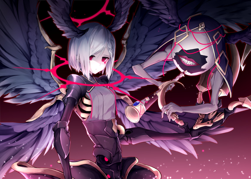 1girl, absurdres, blood, bloody_tears, braid, chaos_hecate_(grimms_notes), closed_mouth, colored_skin, creature, egg, flute, gradient_hair, grimms_notes, grin, halo, head_wings, highres, holding, holding_flute, holding_instrument, instrument, iumi_urura, mechanical_arms, monster_girl, multicolored_hair, multiple_wings, partially_cracked_egg, red_background, red_eyes, red_halo, red_lips, ribs, smile, solo, teeth, upper_body, white_hair, white_skin, wings