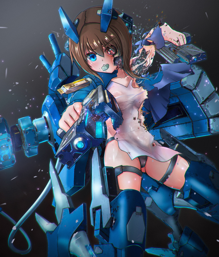 1girl, absurdres, android, blue_eyes, breasts, brown_hair, cameltoe, damaged
