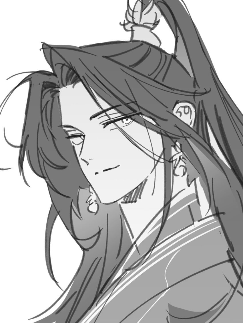1boy, chinese_clothes, chuckchuck, closed_mouth, earrings, greyscale, half_updo, hanfu, high_ponytail, highres, jewelry, jinhongi, korean_commentary, long_hair, looking_at_viewer, male_focus, monochrome, ponytail, simple_background, smile, solo, upper_body, zaha