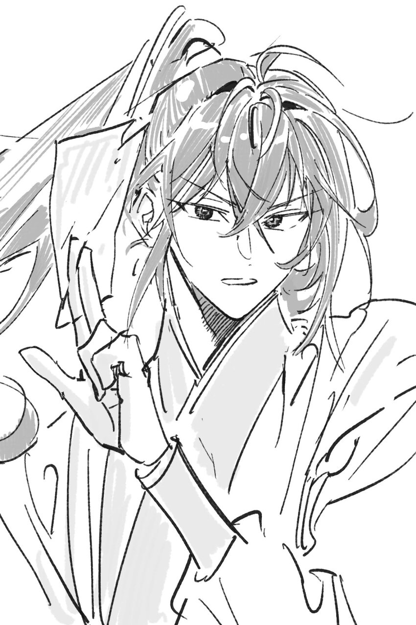 1boy, between_fingers, chinese_clothes, chuckchuck, crossed_bangs, furrowed_brow, greyscale, hand_up