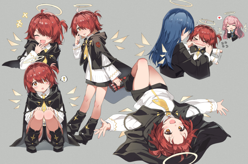 3girls, aged_down, ahoge, arknights, blue_hair, blush, boots, brown_eyes, cloak, collared_shirt, exusiai_(arknights), exusiai_(young)_(arknights), heart, highres, kataokasan, long_hair, looking_at_viewer, medium_hair, multiple_girls, multiple_views, open_mouth, pink_hair, red_hair, shirt, shorts, side_ponytail, tongue, tongue_out, white_shirt, yellow_eyes