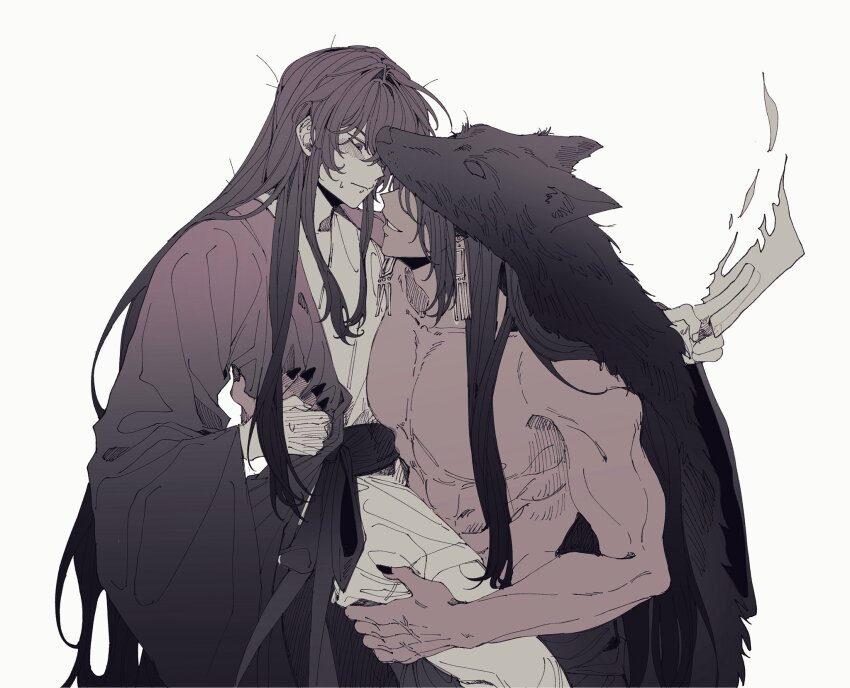 2boys, bare_pectorals, blush, chinese_clothes, closed_mouth, covered_eyes, earrings, falling_shark