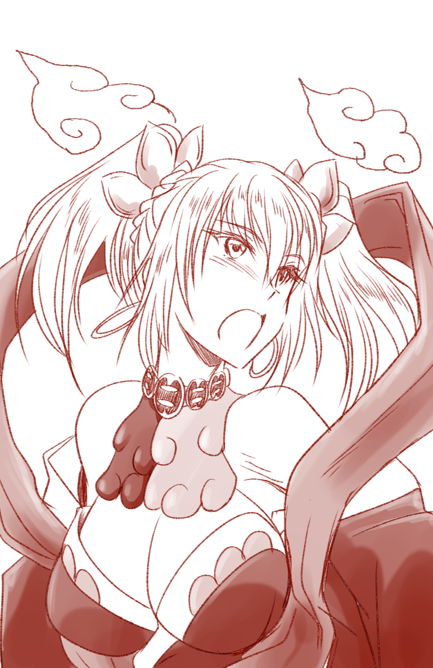 1girl, :o, akuron_(acllon), bare_shoulders, breasts, cleavage, cloud, earrings