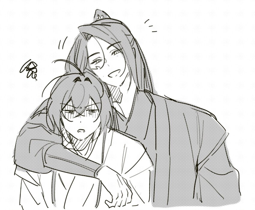 2boys, arm_around_shoulder, chinese_clothes, frown, furrowed_brow, hair_intakes, hanfu, height_difference