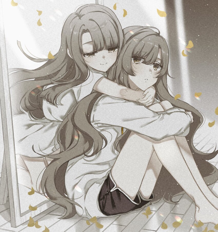 2girls, bags_under_eyes, barefoot, black_shorts, commentary, dress, haruhana_aya, highres