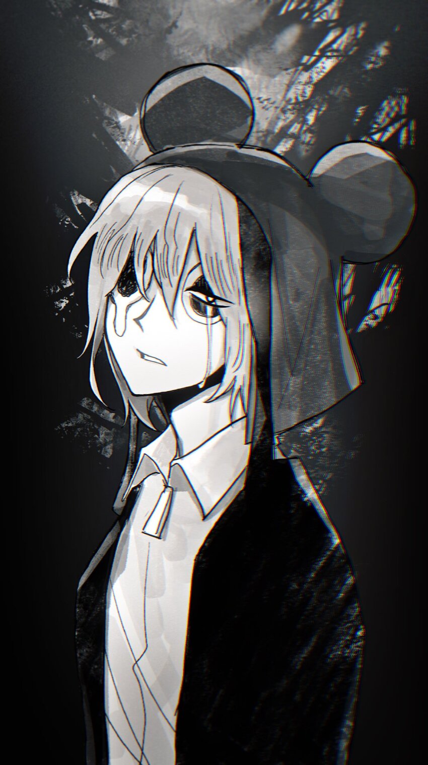 1boy, crying, crying_with_eyes_open, forest, greyscale, highres, jacket, looking_at_viewer
