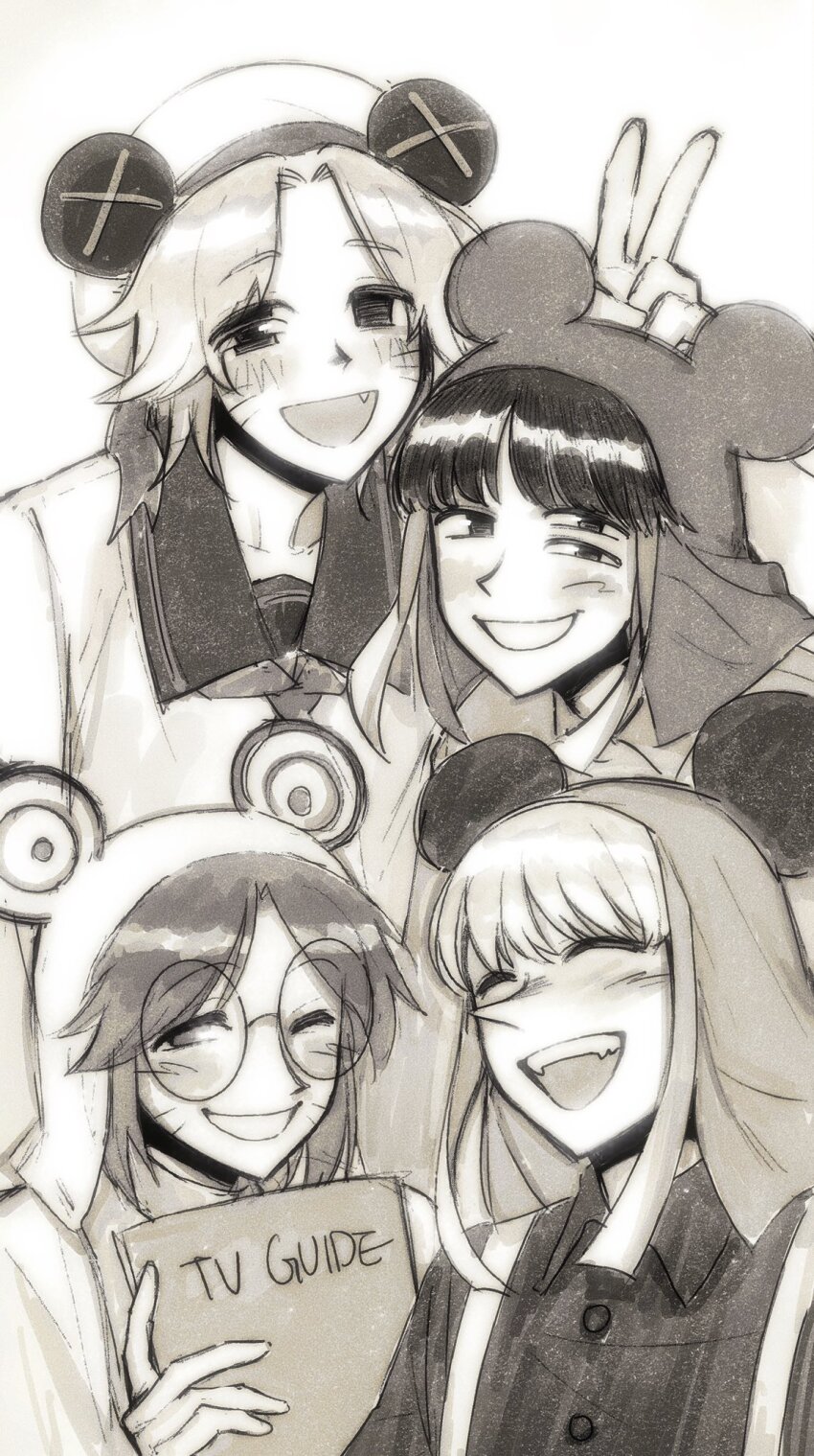 4boys, book, english_text, extra_eyes, facial_mark, fang, glasses, greyscale