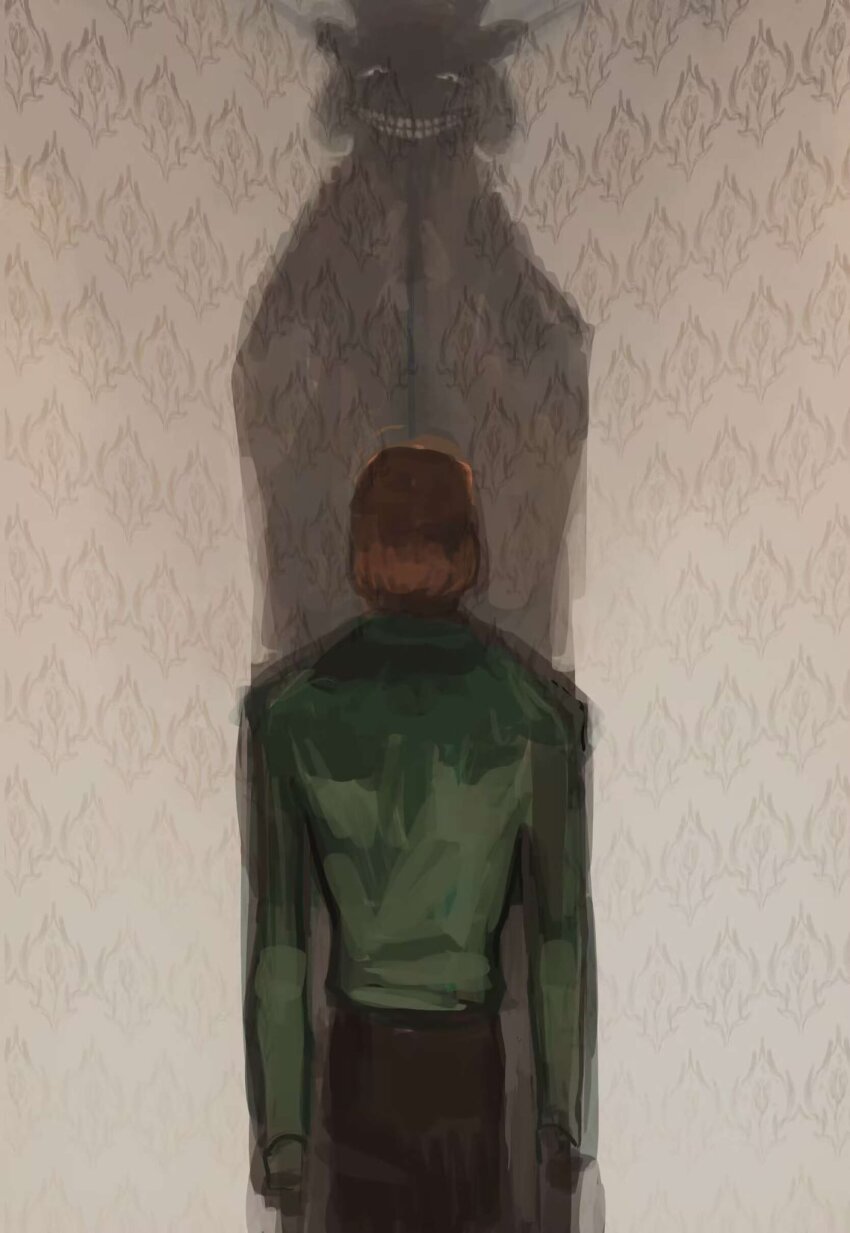 2boys, brown_hair, commentary, english_commentary, etheral_q, from_behind, green_shirt, highres, horror_(theme), indoors, luther_von_ivory, male_focus, multiple_boys, pest_fox, randal's_friends, shadow, shirt, short_hair, standing, wallpaper_(object)