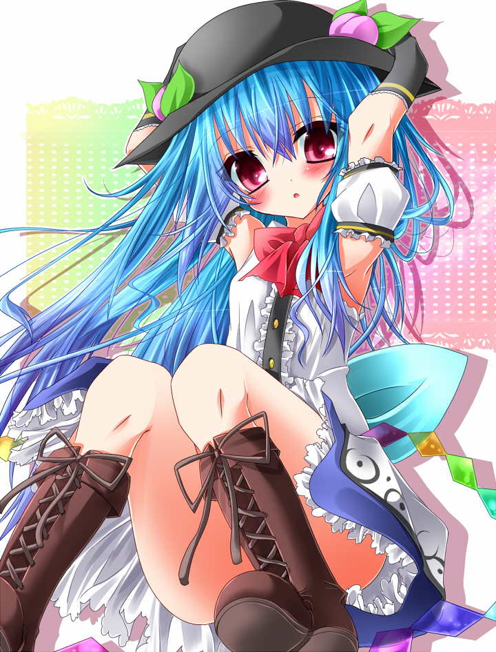 1girl, armpits, ascot, bad_id, bad_pixiv_id, black_gloves, blue_hair, blue_skirt