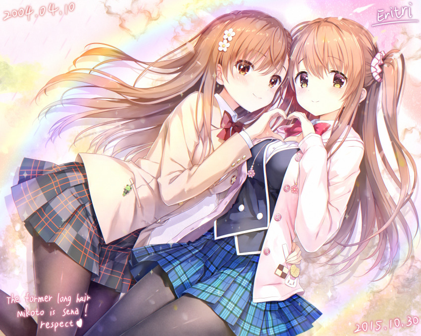 2girls, black_pantyhose, blazer, bow, bowtie, breasts, brown_eyes, brown_hair