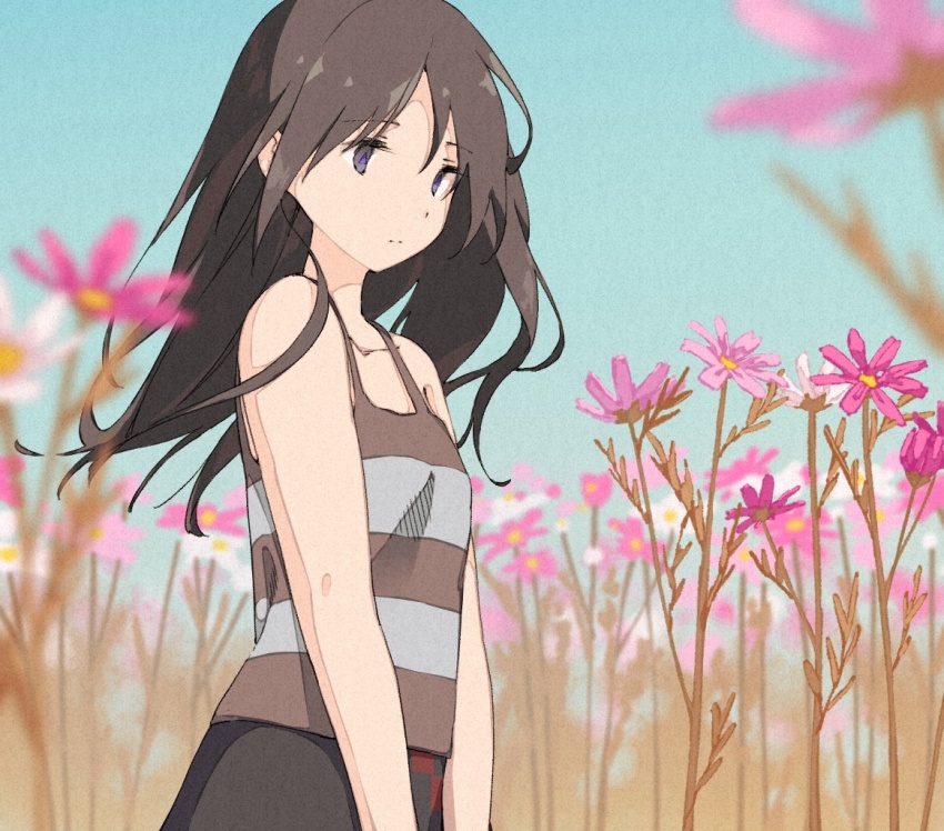 1girl, bare_shoulders, black_camisole, black_eyes, black_hair, black_skirt, blurry, blurry_background