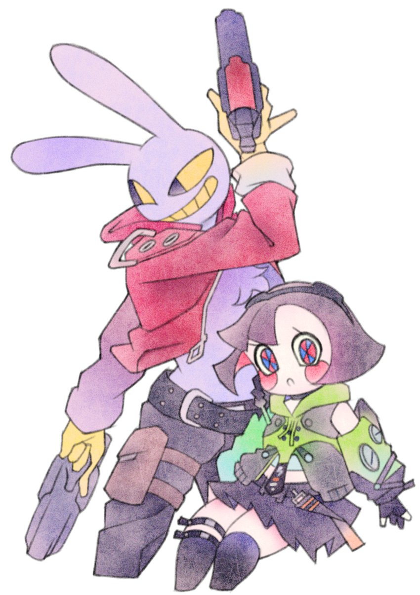 1boy, 1girl, absurdres, anby_demara, anby_demara_(cosplay), animal_ears, billy_kid, billy_kid_(cosplay), blue_eyes, colored_sclera, cosplay, gloves, highres, jax_(the_amazing_digital_circus), kkakong88, multicolored_eyes, pomni_(the_amazing_digital_circus), rabbit_boy, rabbit_ears, red_eyes, smile, teeth, the_amazing_digital_circus, yellow_sclera, zenless_zone_zero